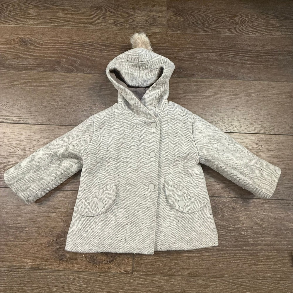 Zara Cream Hooded Coat with Pom Pom